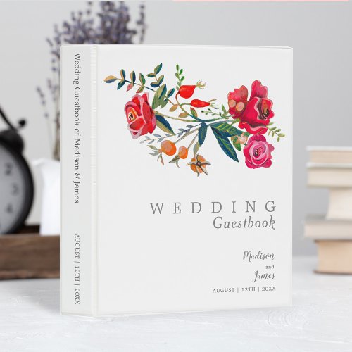 Floral red pink roses Wedding Guest Book Mini Binder