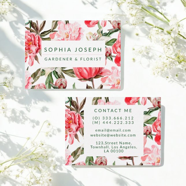 Floral Red Pink Watercolor Flowers Business Card (Creator Uploaded)