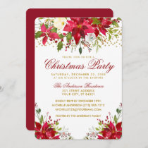 Floral Red Poinsettia Gold Glitter Christmas Party Invitation