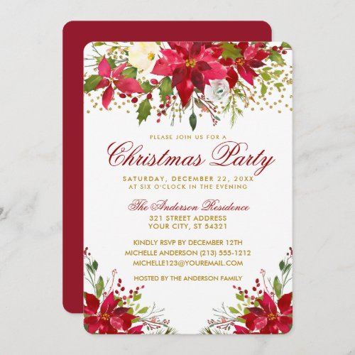 Floral Red Poinsettia Gold Glitter Christmas Party Invitation