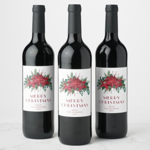 Floral Red Poinsettia Merry Christmas  Wine Label