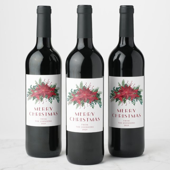 Floral Red Poinsettia Merry Christmas  Wine Label (Bottles)