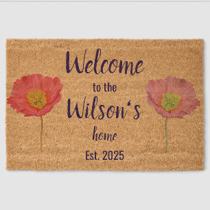 Floral Red Poppies Family Name Welcome Coir Mat