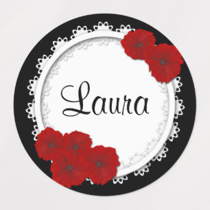Floral red poppies flowers white black lace orname kids' labels