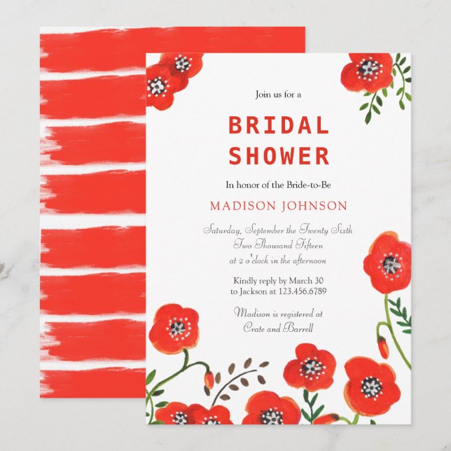 floral red poppies modern wedding bridal shower invitation (Front/Back)