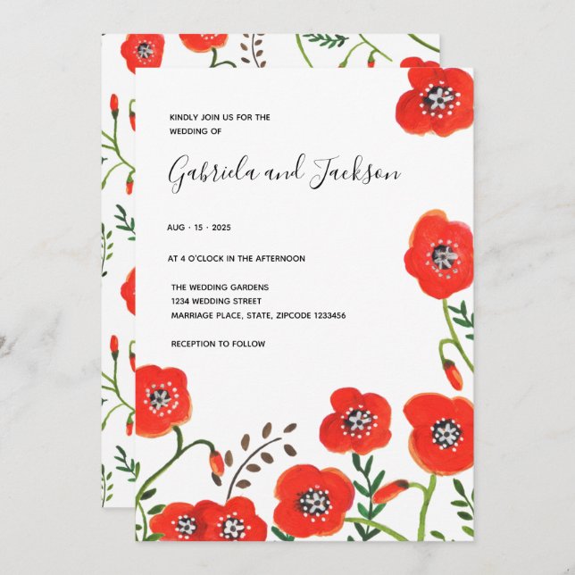 Floral red poppies modern wedding invitation (Front/Back)