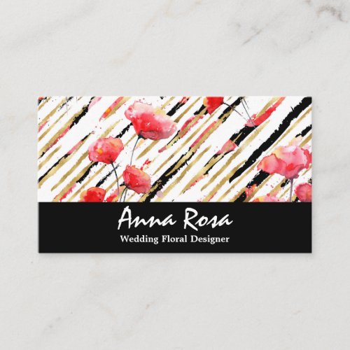  Floral Red Poppy Black Glitter Foil White Chic Business Card