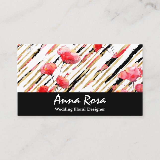 *~* Floral Red Poppy Black Glitter Foil White Chic Business Card (Front)