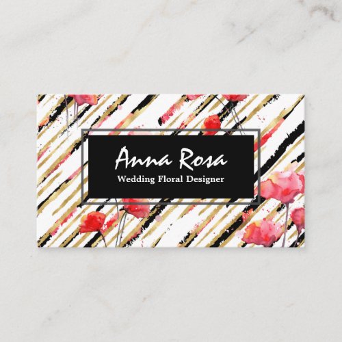  Floral Red Poppy Glitter Foil Black White Chic Business Card
