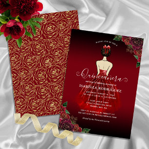 Floral Red Princess Gold Birthday Quinceañera Invitation