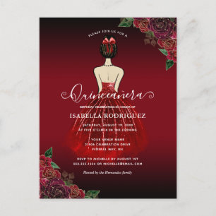 Floral Red Princess Gold Birthday Quinceañera Postcard