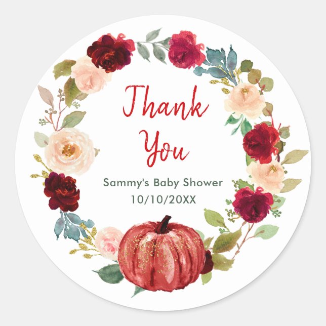 Floral Red Pumpkin Baby Shower Thank You Classic Round Sticker (Front)