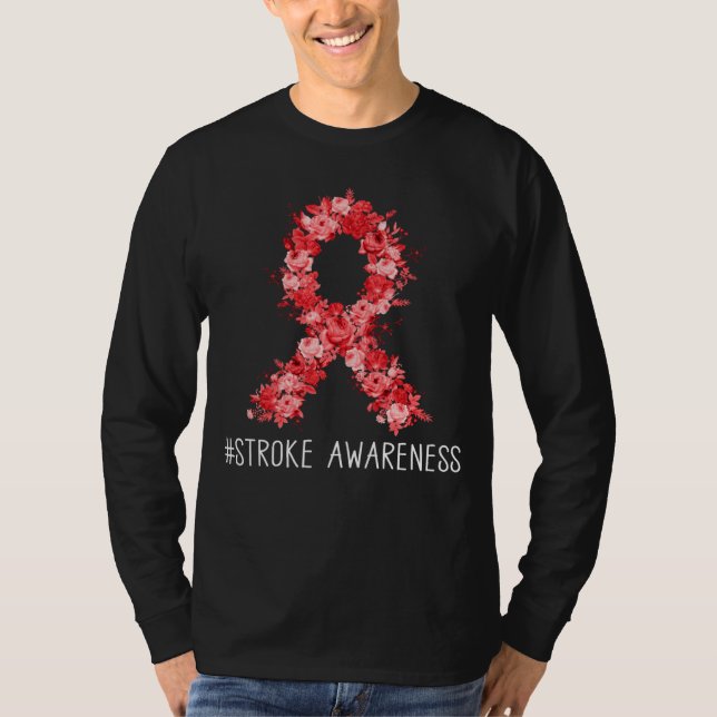 Floral Red Ribbon  Stroke Awareness T-Shirt (Front)