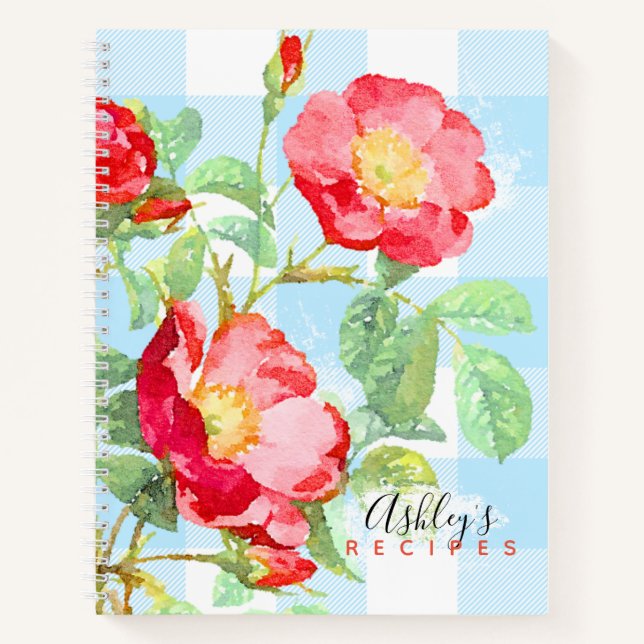 Floral Red Rose Blue Buffalo Plaid Monogram Recipe Notebook (Front)