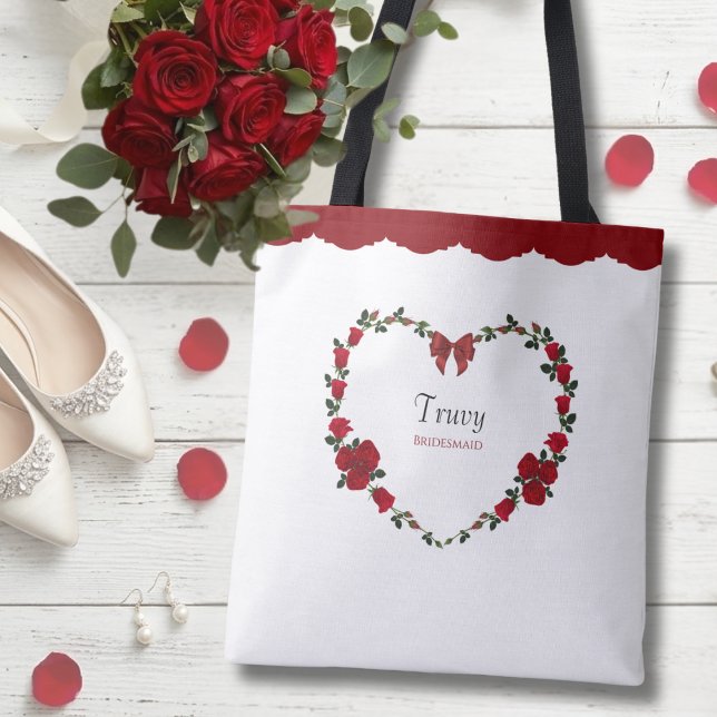 Floral Red Rose Bridesmaid Gift Tote Bag (The perfect bridesmaid proposal gift for a romantic southern-style wedding.)