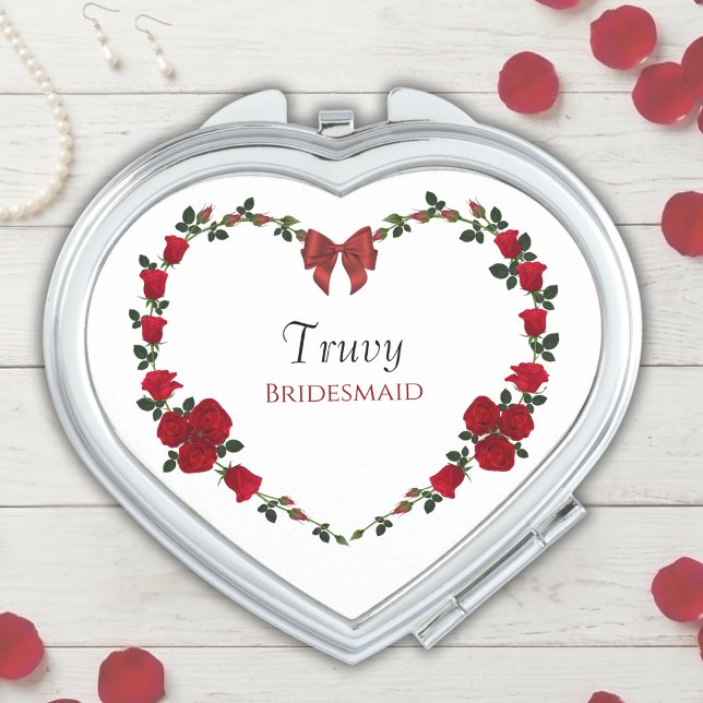 Floral Red Rose Bridesmaid Wedding Gift  Compact Mirror (Chic red rose compact mirror, a beautiful personalized accessory for your bridesmaids.)
