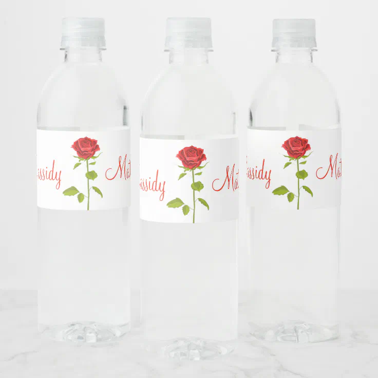 Floral Red Rose Flower Garden Romantic Wedding Water Bottle Label | Zazzle