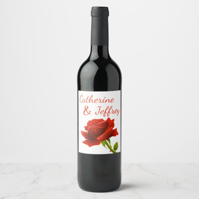 Floral Red Rose Flower Personalized Wedding Party Wine Label (Front)