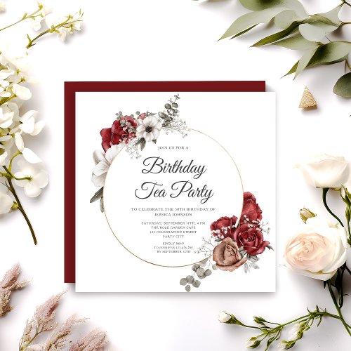 Floral Red Rose Gold Frame Birthday Tea Party  Invitation