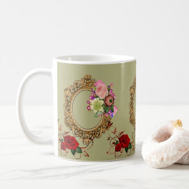 Floral Red Rose Victorian Mug (With Donut)