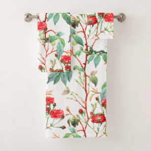 Floral Red Rose Watercolor White Bath Towel Set