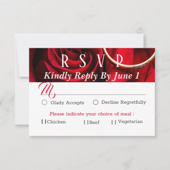 Floral Red Rose  with Ring  Wedding RSVP Card (Front)