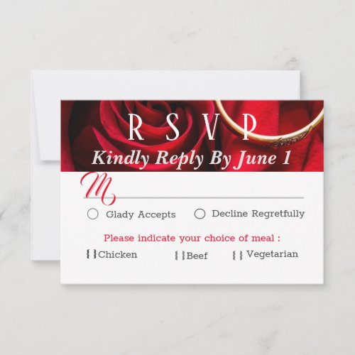 Floral Red Rose  with Ring  Wedding RSVP Card
