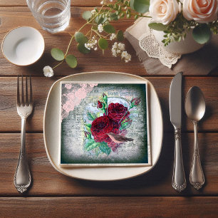 Floral Red Roses Finch Bird Ephemera Decoupage Napkins