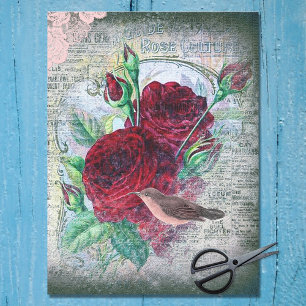 Floral Red Roses Finch Bird Ephemera Decoupage Tissue Paper
