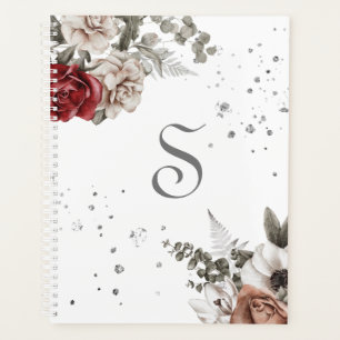 Floral Red Roses Monogram Modern Planner