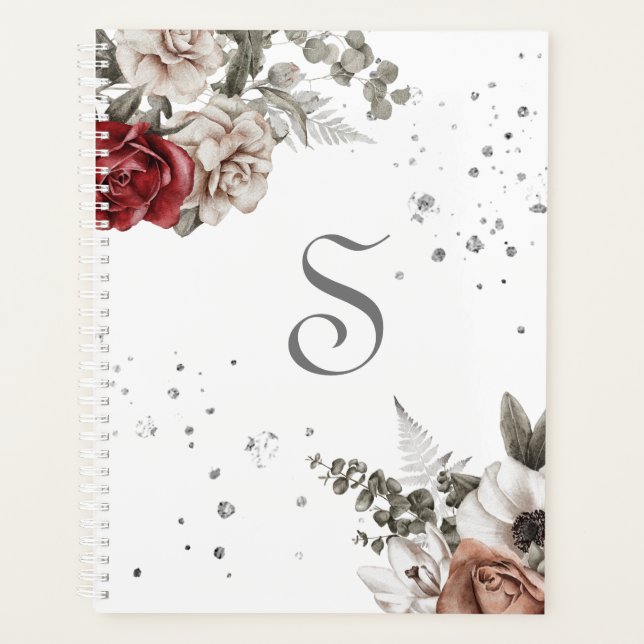 Floral Red Roses Monogram Modern Planner (Front)