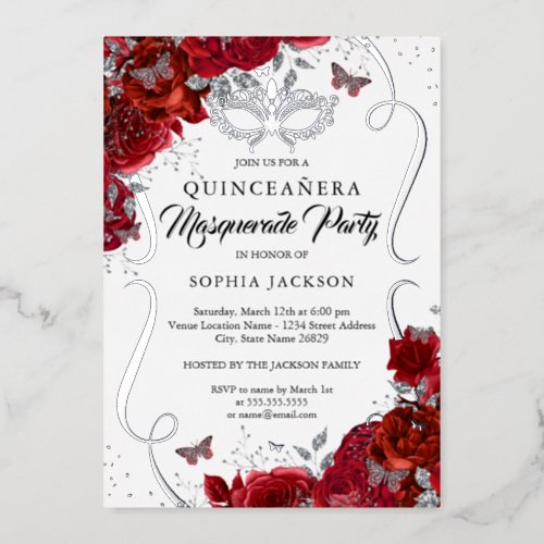 Floral Red Silver Scroll Masquerade Quinceanera Foil Invitation