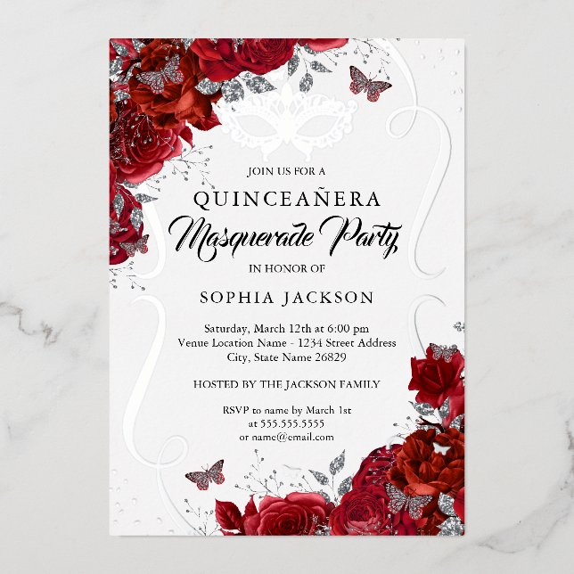 Floral Red Silver Scroll Masquerade Quinceanera Foil Invitation (Front)