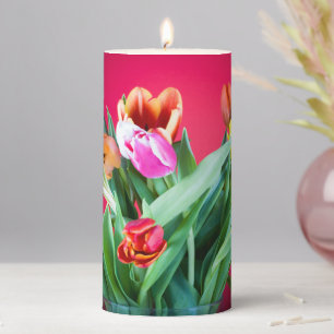 Floral red spring photo with tulips pillar candle