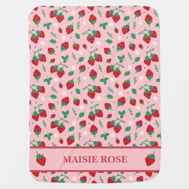 Floral Red Strawberry Pattern Personalized Baby Blanket (Front)