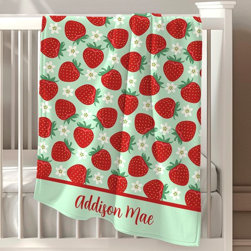 Floral Red Strawberry Pattern Personalized Baby Blanket