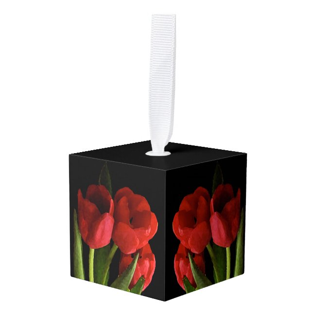 Floral Red Tulip Garden Flowers Cube Ornament