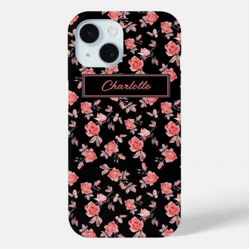 Floral Red Watercolor Roses Black iPhone 15 Case