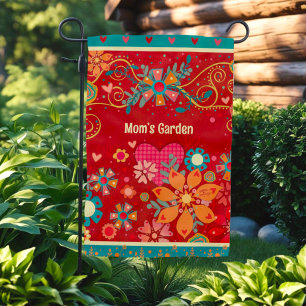 Floral Red Whimsical Hearts Custom Name Garden Flag