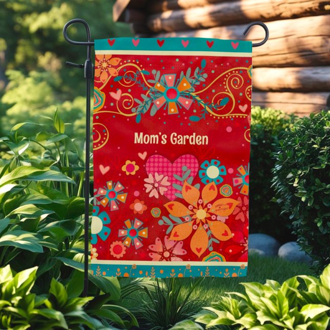 Floral Red Whimsical Hearts Custom Name Garden Flag (Creator Uploaded)