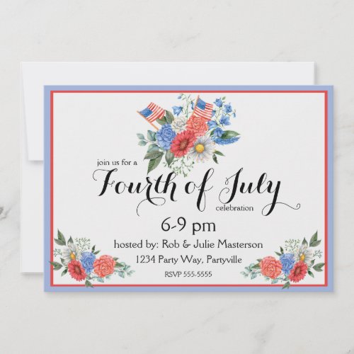 Floral Red White and Blue July 4th Invitation