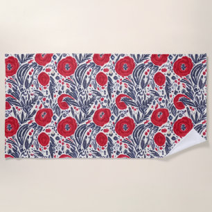 Floral Red White & Blue Botanical Poppies  Beach Towel