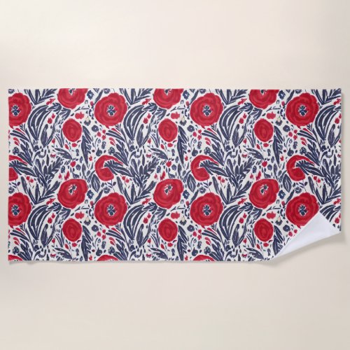 Floral Red White  Blue Botanical Poppies  Beach Towel