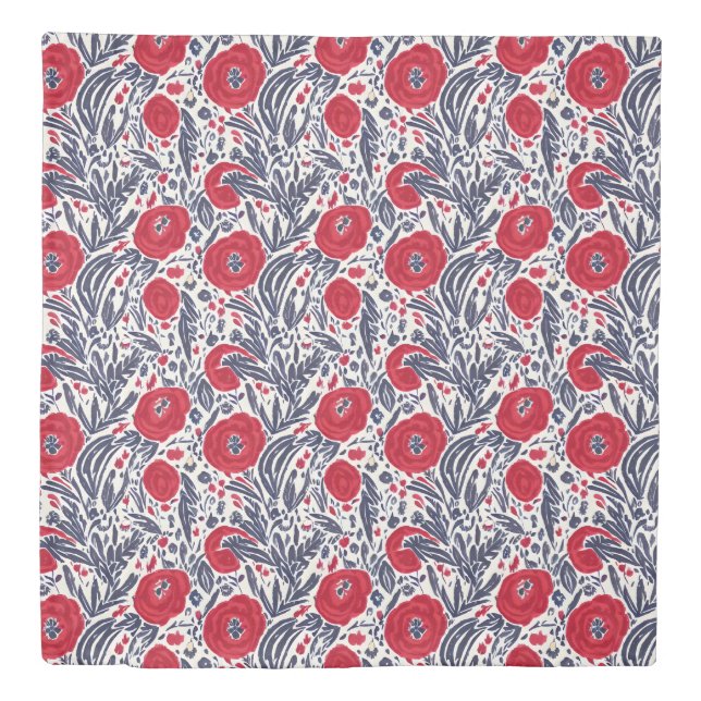 Floral Red White & Blue Botanical Poppies Duvet Cover (Front)