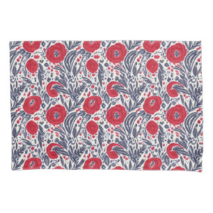 Floral Red White & Blue Botanical Poppies Pillow Case