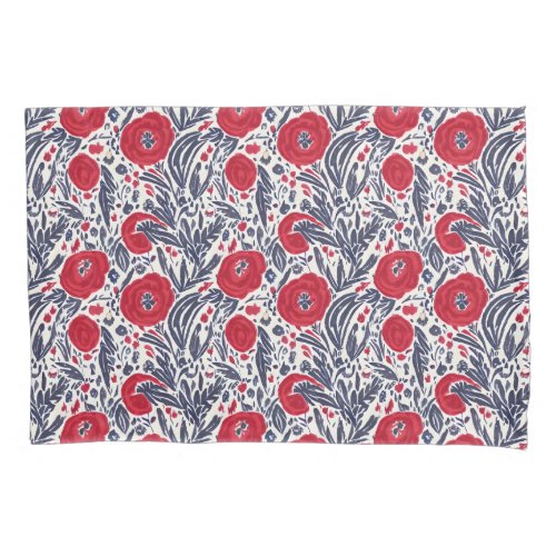 Floral Red White  Blue Botanical Poppies  Pillow Case
