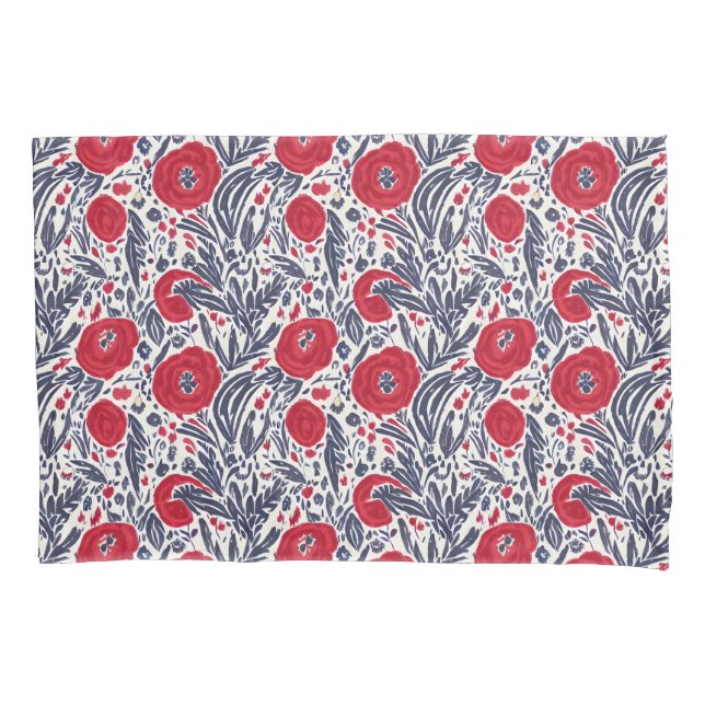 Floral Red White & Blue Botanical Poppies  Pillow Case (Front)