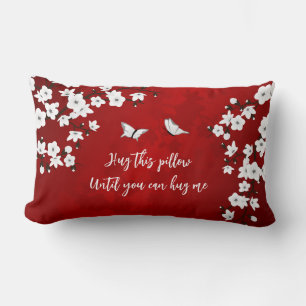 Floral Red White Cherry Blossom "Hug Me" Saying Lumbar Pillow