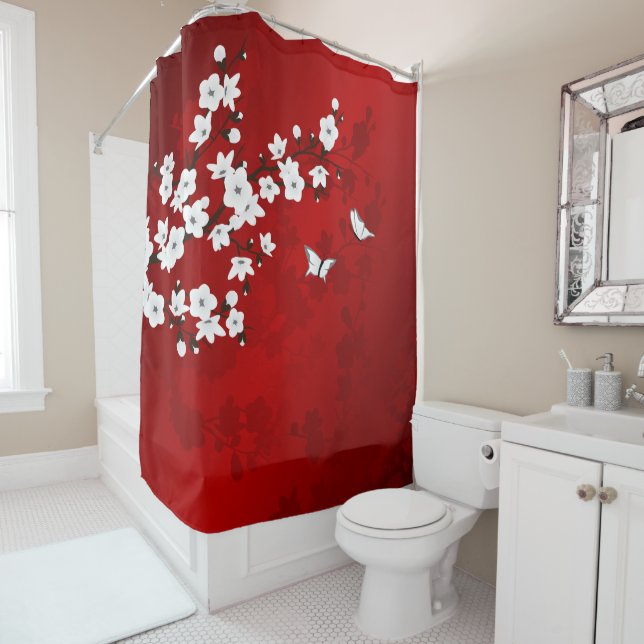 Floral Red White Cherry Blossom Oriental Shower Curtain (In Situ)