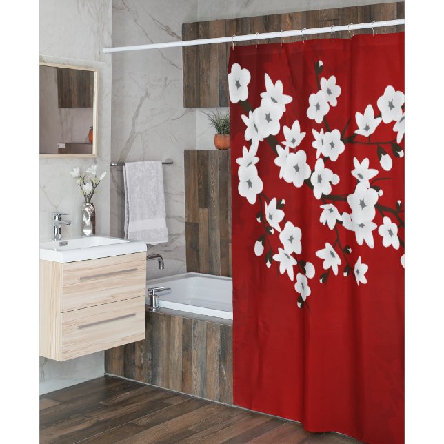 Floral Red White Cherry Blossom Oriental Shower Curtain (Creator Uploaded)